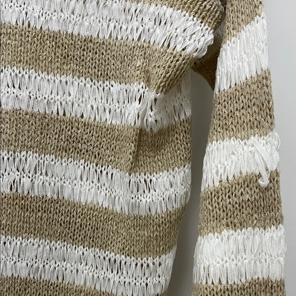 John + Jenn Women's Tan and White Loose Knit Long Line Stripe Sweater - Sz Small - Picture 8 of 16